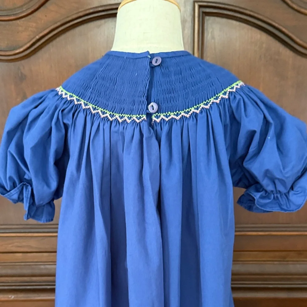 Tiaras & Frogs Nativity Smocked Bishop Dress Girls 6 Christmas Blue